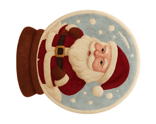 Handcrafted wool Holiday Rug featuring Santa inside a snow globe.