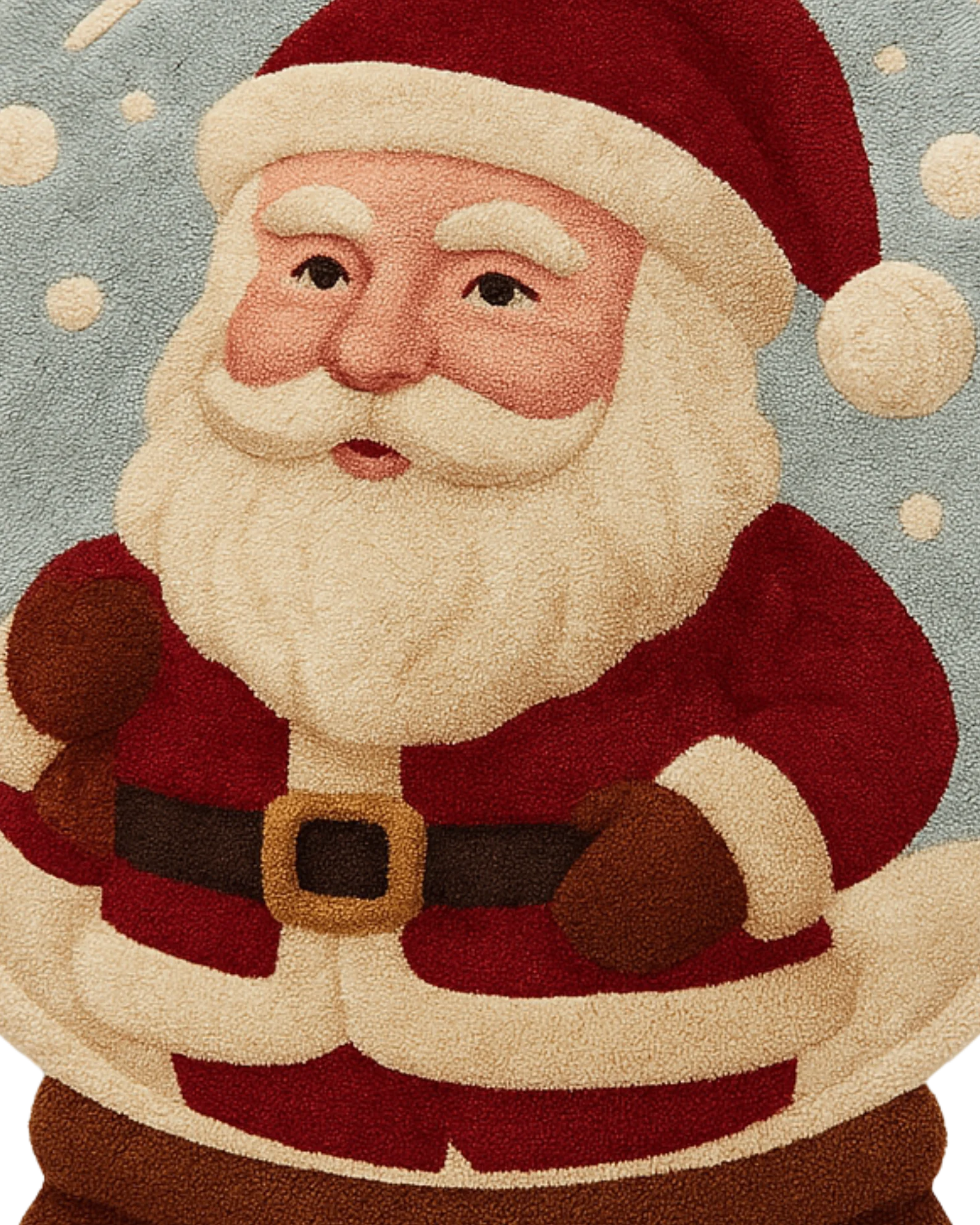 Festive round Christmas Rug with Santa Claus snow globe design.