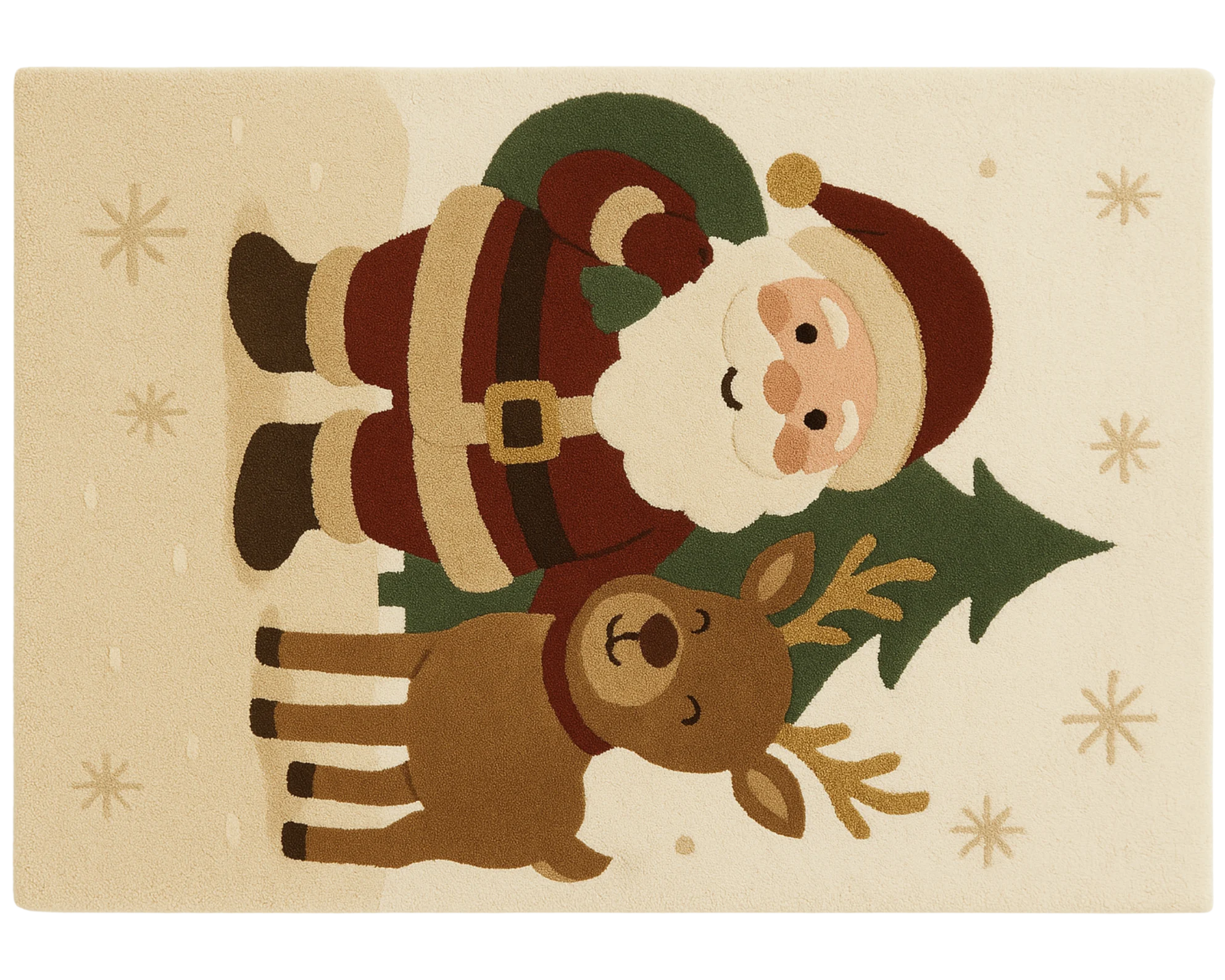 Festive wool rug featuring Santa Claus and reindeer – holiday room accent.