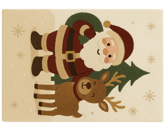 Festive wool rug featuring Santa Claus and reindeer – holiday room accent.