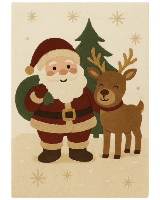 Santa & Reindeer Hand-Tufted Wool Christmas Rug – Holiday Rug Décor.