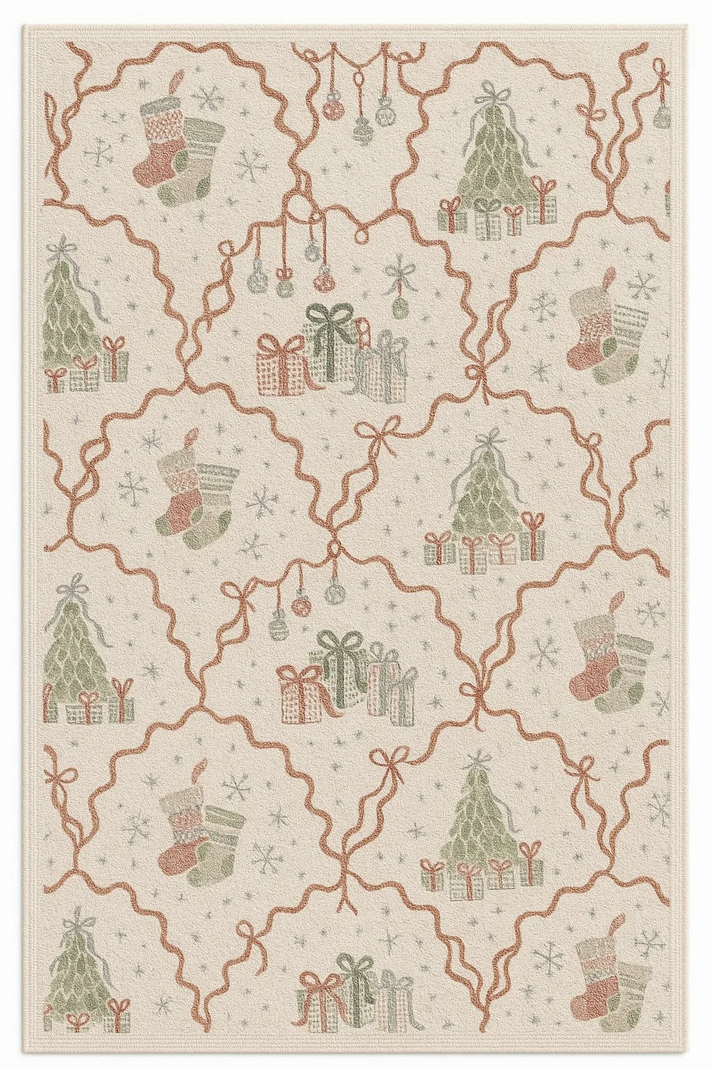 Christmas machine washable rug with stockings, trees, gifts, and ornaments