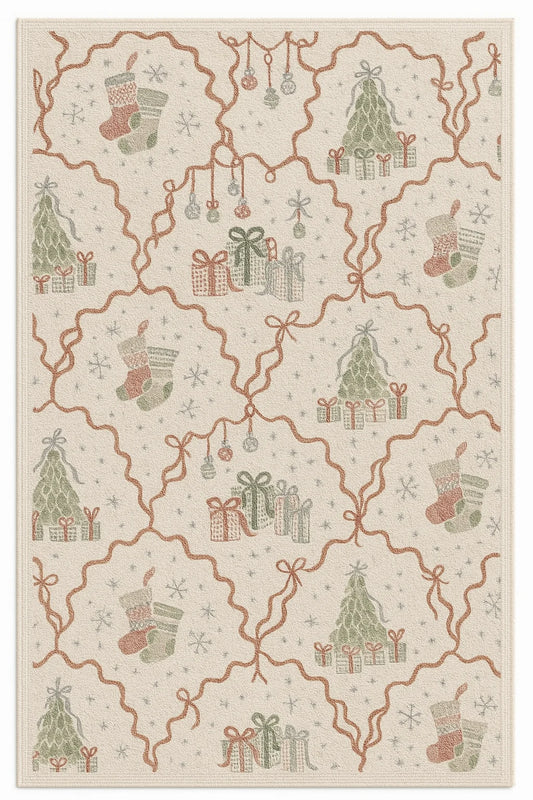 Christmas machine washable rug with stockings, trees, gifts, and ornaments