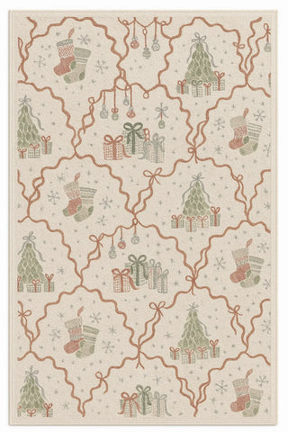 Christmas machine washable rug with stockings, trees, gifts, and ornaments