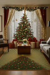 Holiday machine washable rug with Christmas tree and elegant red and gold décor