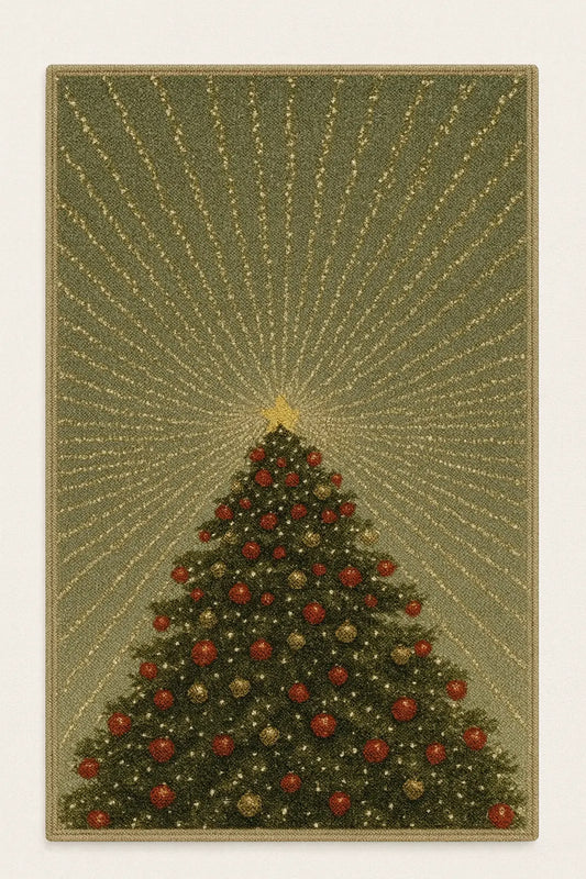 Christmas tree machine washable rug with red and gold ornaments and glowing star