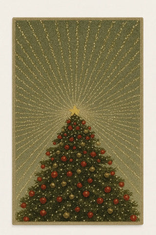 Christmas tree machine washable rug with red and gold ornaments and glowing star