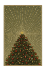 Christmas tree machine washable rug with red and gold ornaments and glowing star