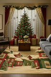 Holiday machine washable rug featuring decorated winter street scene