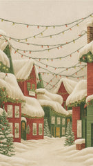 Festive washable rug with red and green Christmas houses in snow