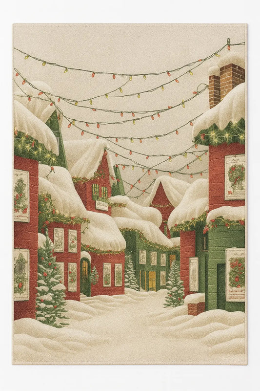 Christmas village rug with snowy houses, string lights, and festive wreaths