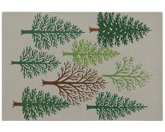 Handcrafted wool holiday rug featuring evergreen and winter trees.