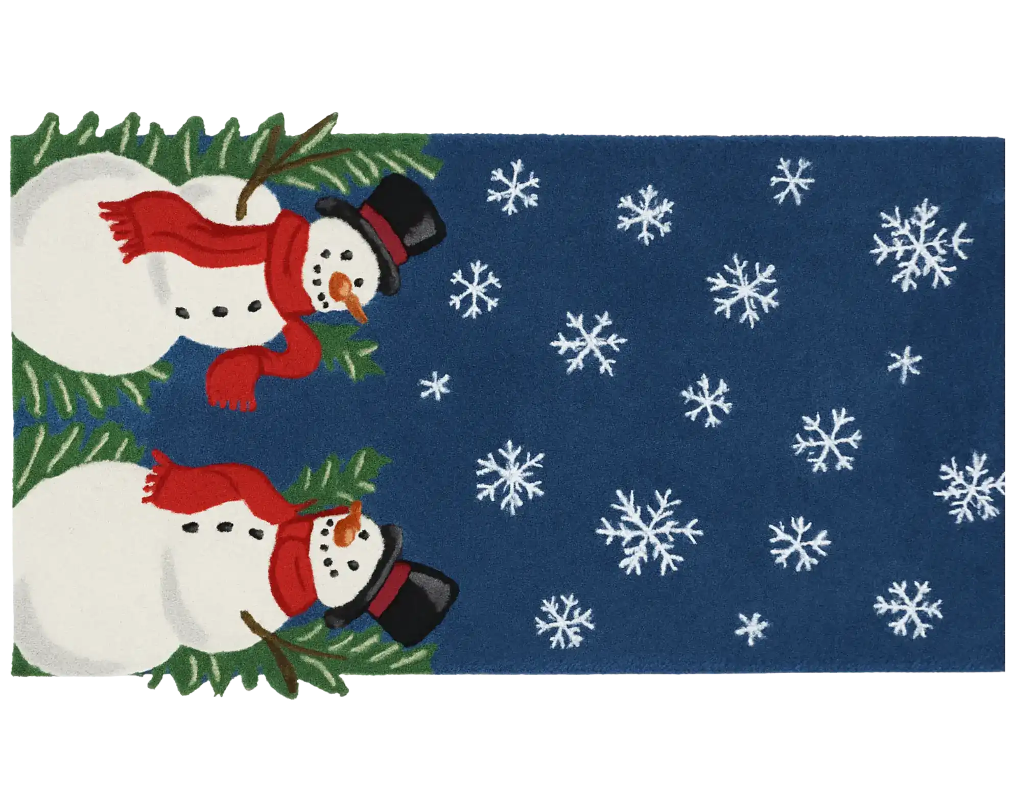 Winter snowman wool rug runner with falling snowflakes pattern.