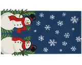 Winter snowman wool rug runner with falling snowflakes pattern.