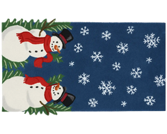 Winter snowman wool rug runner with falling snowflakes pattern.