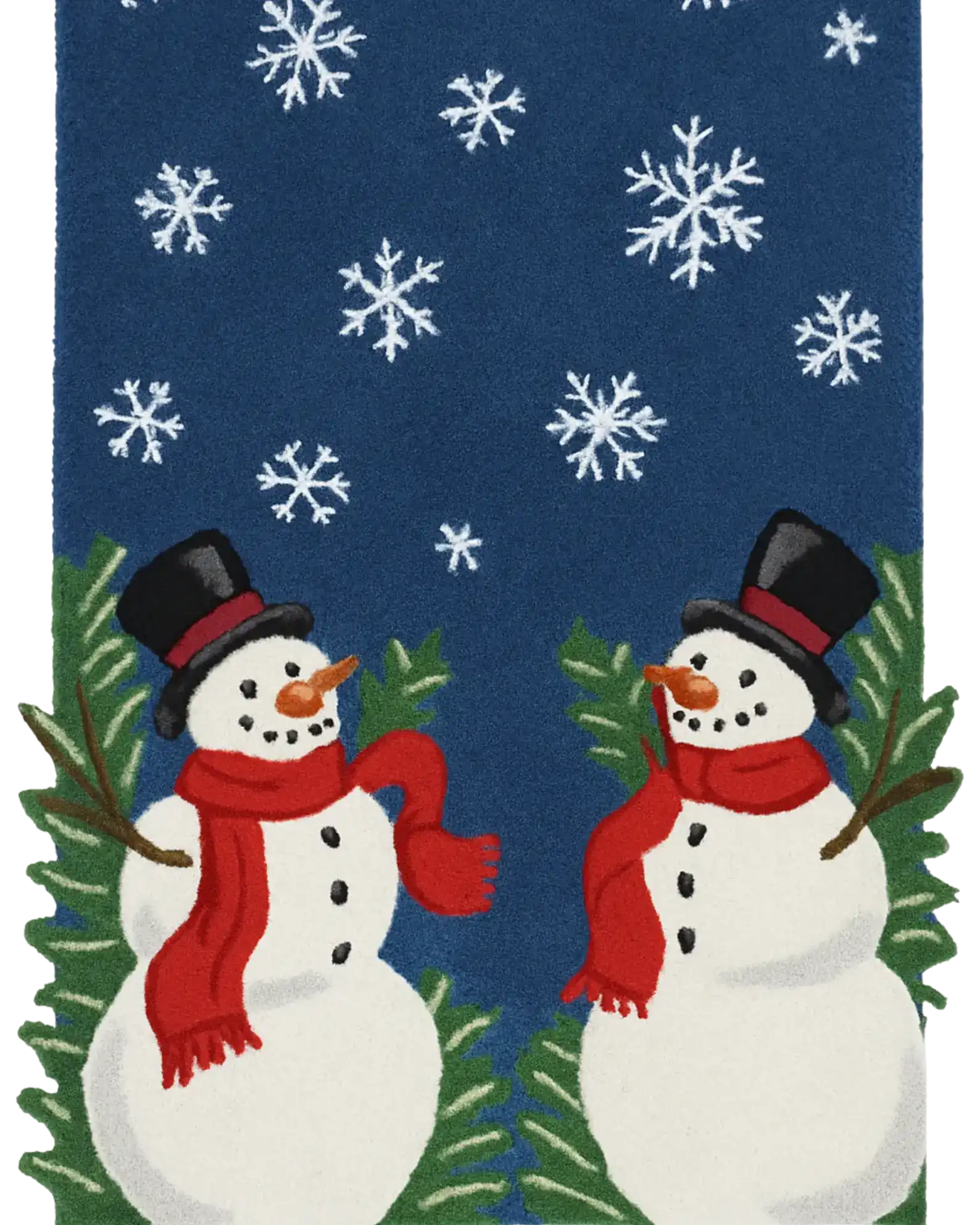 Festive holiday rug runner featuring two snowmen and greenery.