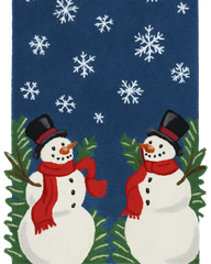 Festive holiday rug runner featuring two snowmen and greenery.
