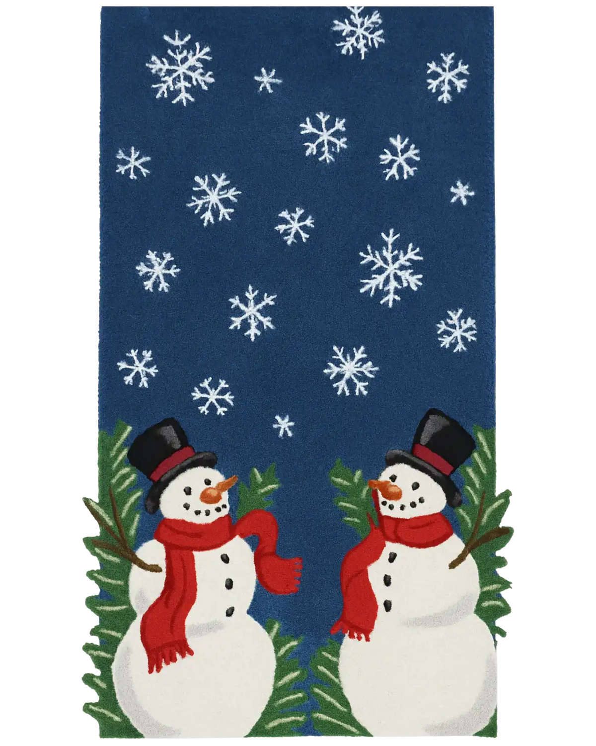 Hand-tufted Christmas rug runner with snowman design on blue base background.