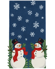 Hand-tufted Christmas rug runner with snowman design on blue base background.