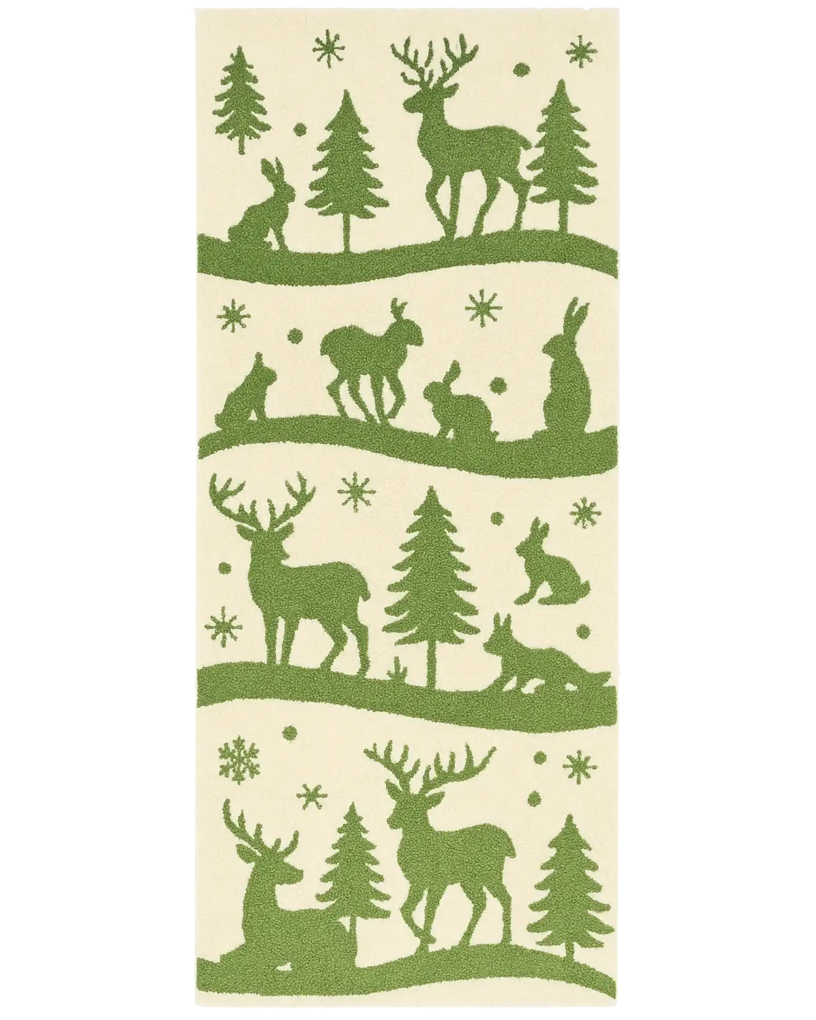 Hand-tufted Christmas rug runner with green reindeer and woodland motifs.