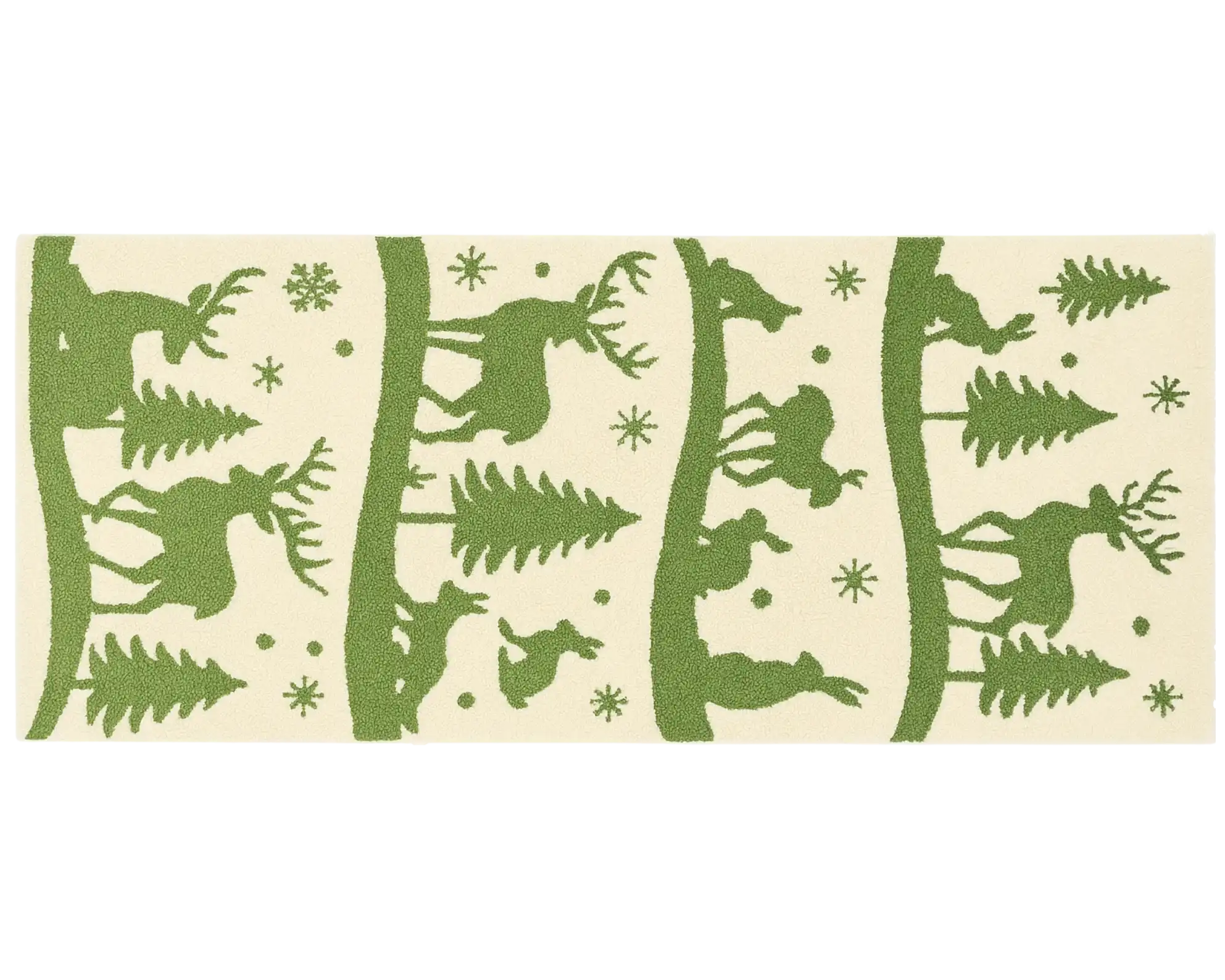 Wool holiday runner rug featuring reindeer, rabbits, and evergreen trees.