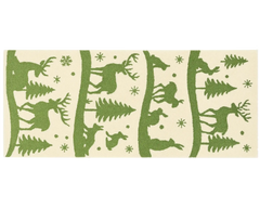 Wool holiday runner rug featuring reindeer, rabbits, and evergreen trees.