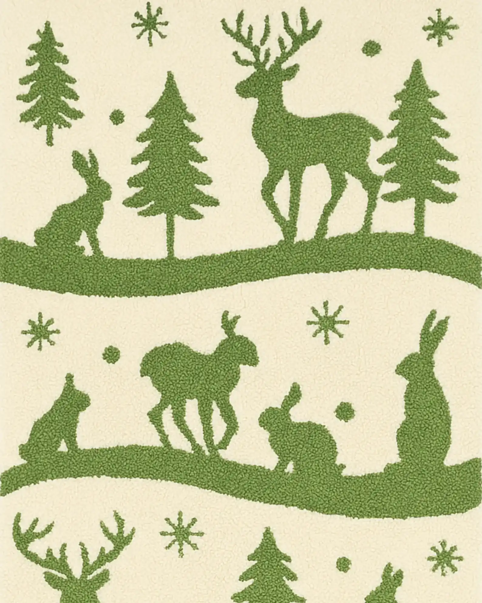 Seasonal hand-tufted rug runner with woodland animals and snowflakes.