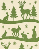 Seasonal hand-tufted rug runner with woodland animals and snowflakes.