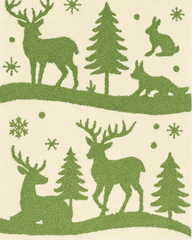 Festive cream and green Christmas rug runner with winter forest design.