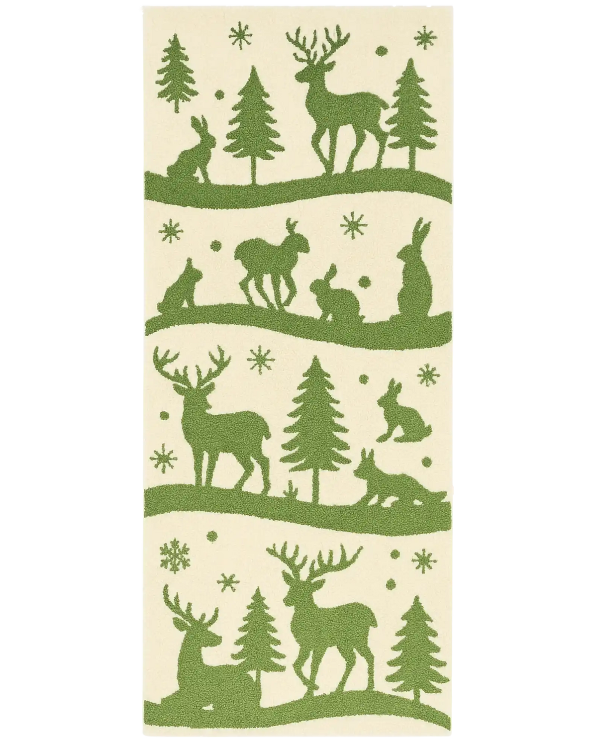 Hand-tufted Christmas rug runner with green reindeer and woodland motifs.