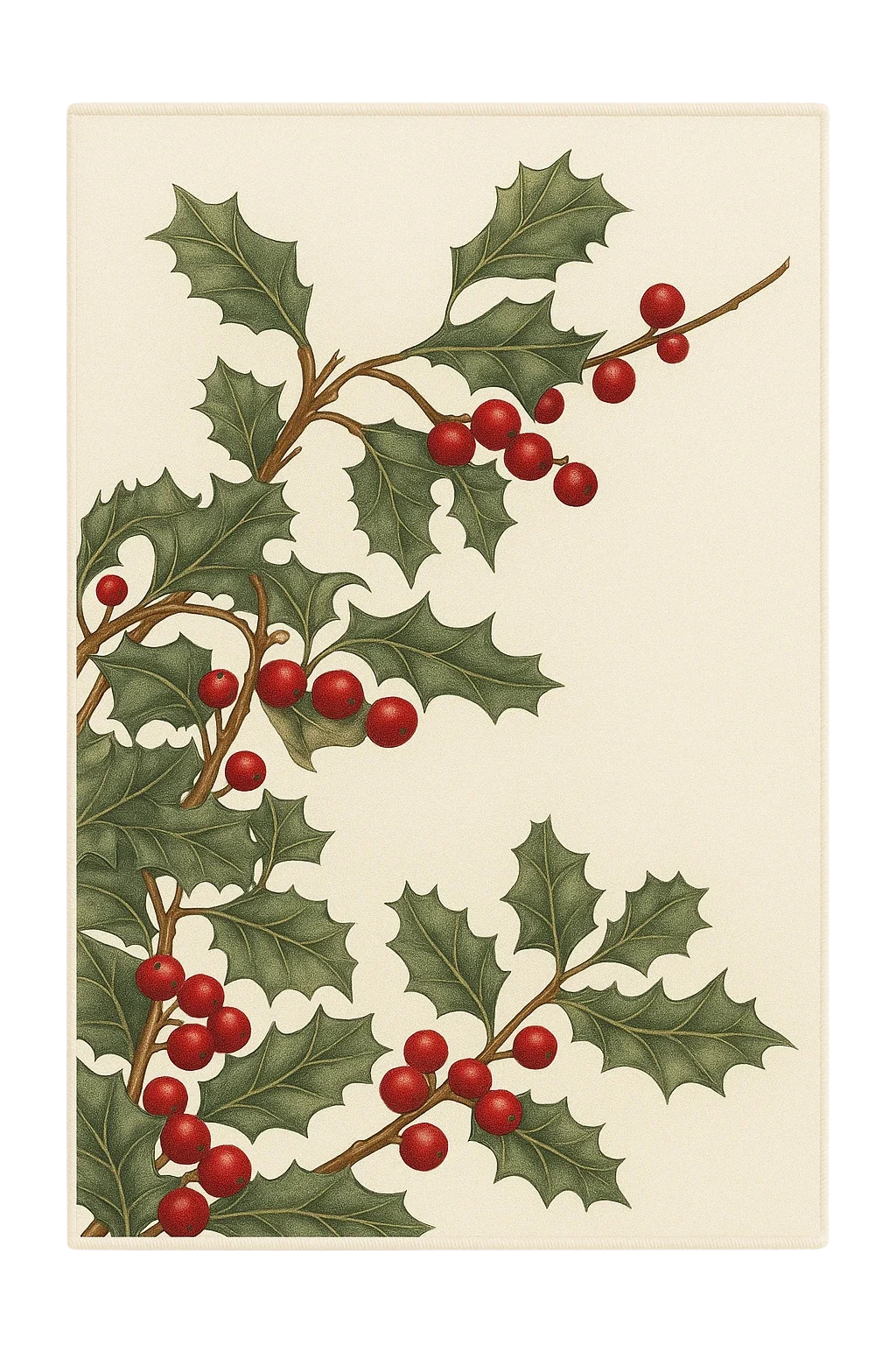 Holly berry Christmas rug with green leaves and red berries on cream background