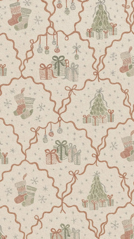 Christmas washable rug with red ribbon borders and festive holiday motifs