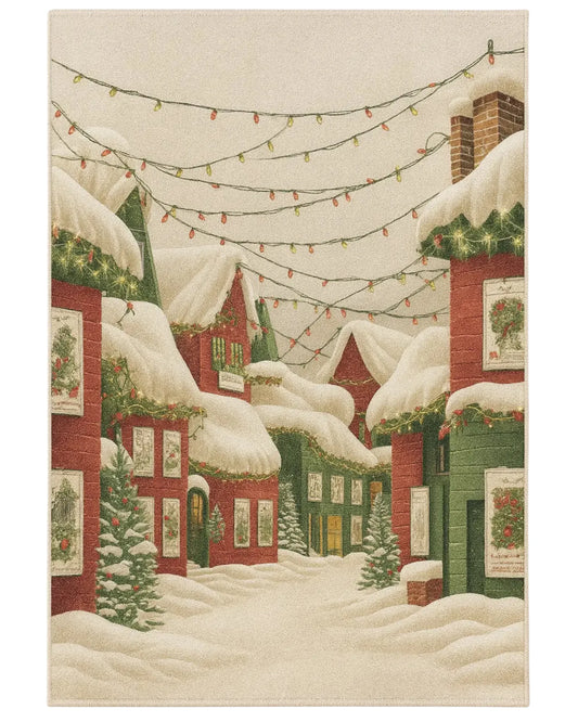 Christmas village rug with snowy houses, string lights, and festive wreaths