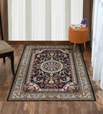 Classic burgundy handwoven luxury rug with intricate floral patterns on wooden floor, styled with orange ottoman
