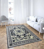 Luxury classic medallion rug in neutral tones on wooden floor, styled in bright modern living room