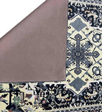 Classic medallion patterned luxury rug with muted blues, beiges, and greys, partially flipped to show soft woven underside