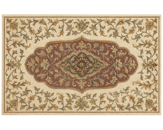 Handcrafted Wool Medallion Rug with ornate red and beige floral patterns.