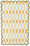 Classic yellow checkered rug with green scalloped border and textured pattern