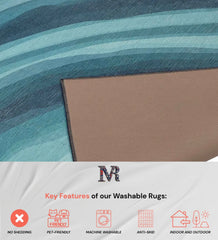 Blue and beige abstract rug capturing ocean wave patterns.