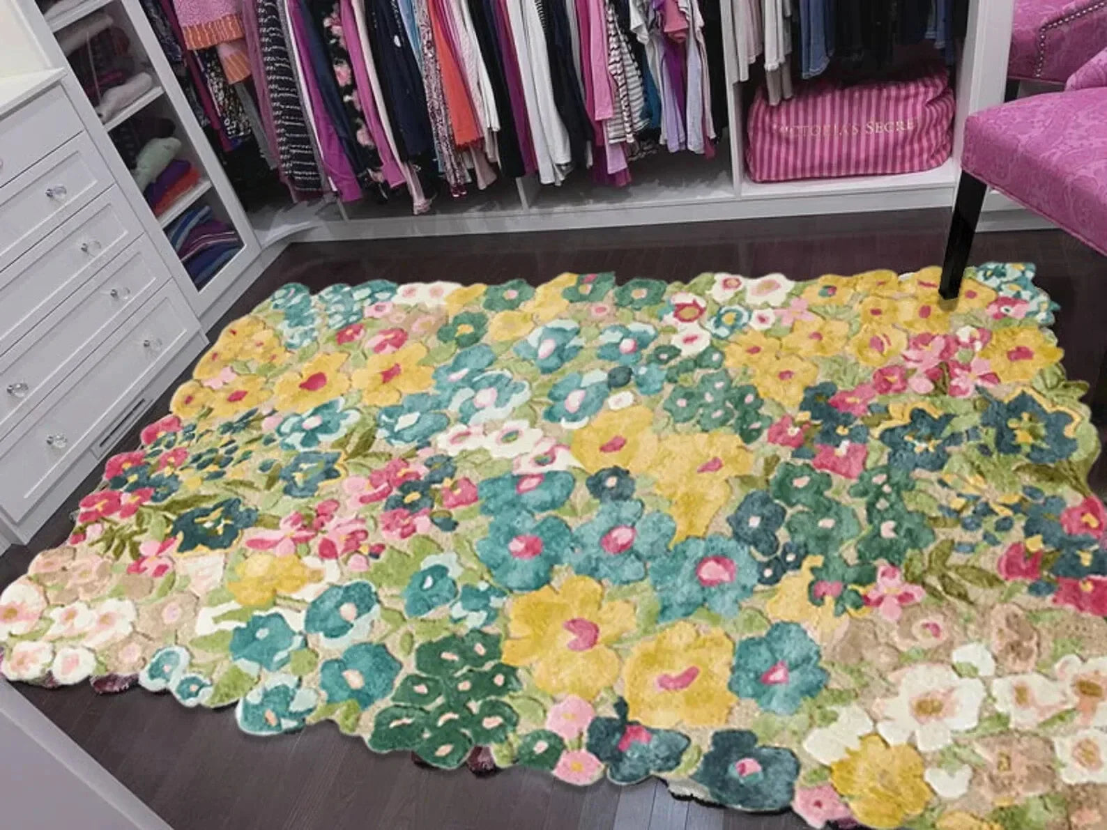 Colorful boho floral patterned maximalist texture hand tufted rug