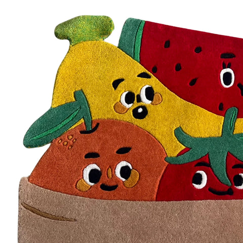 Handmade Wool Rug Featuring Banana, Watermelon, Tomato, and Apple Design
