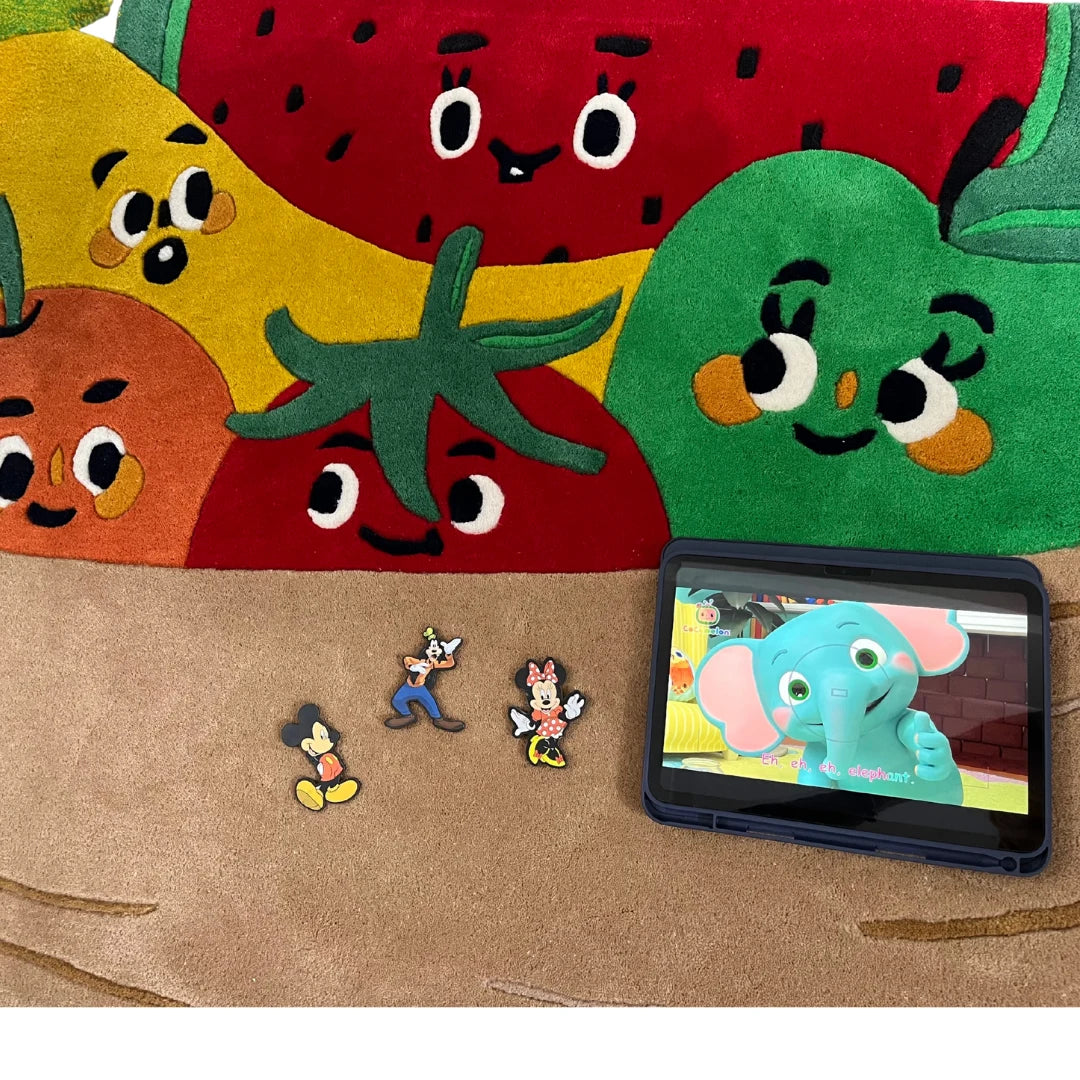 Vibrant Cartoon Fruit Pattern Rug with Soft Wool Pile