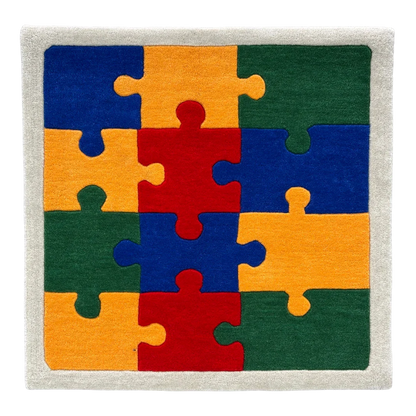 Colorful puzzle hand tufted rug with interlocking pieces multicolor