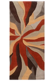 Colorful abstract hand tufted runner rug with swirled patterns in red, beige, brown, and gray shades