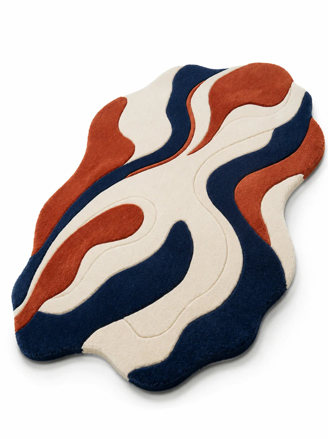 Colorful abstract rug with wavy patterns on a white background