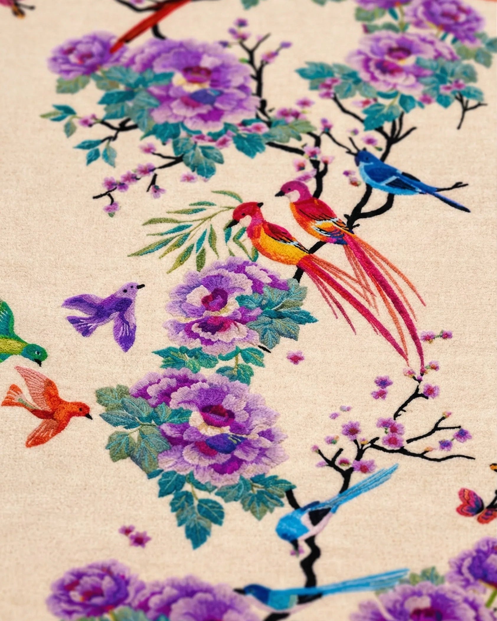 Colorful birds and flowers on a beige background