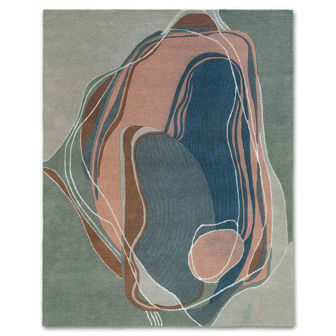 Modern Abstract Hand-Tufted Wool Rug in Blue, Grey, and Terracotta.