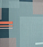 Contemporary Bauhaus-inspired geometric rug with vertical stripes in teal, navy, and coral accents