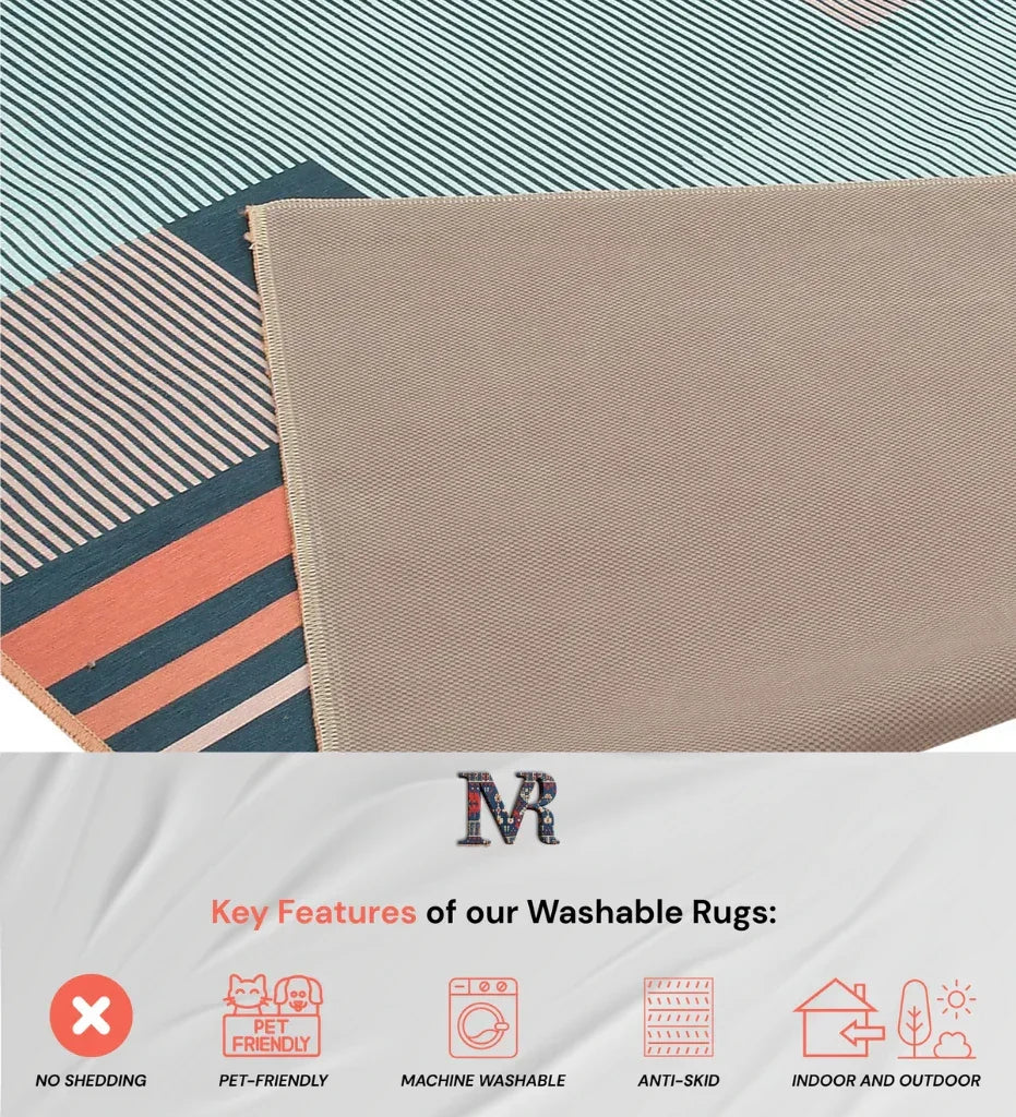 Machine washable rug with contemporary geometric pattern.
