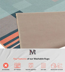 Machine washable rug with contemporary geometric pattern.